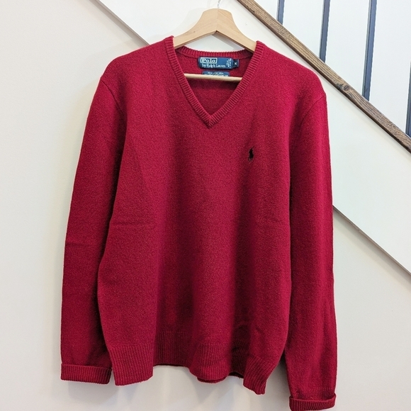 Polo Ralph Lauren Red Lambs Wool V-neck Sweater Preppy Classic - Picture 1 of 14